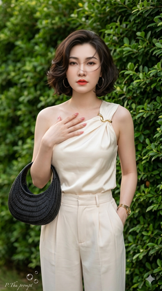 Woman with short hair wearing a one-shoulder top and holding a black handbag outdoors