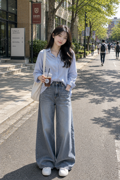 Woman in a blue shirt and wide leg jeans holding a drink on a sunny street