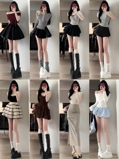 Multiple women in various outfits featuring mini skirts and platform shoes