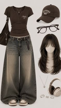 Full body flat lay of a casual outfit with wide leg jeans and a brown t-shirt