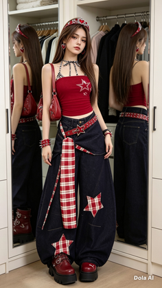 Woman in a red crop top and baggy jeans with a tiara and red boots indoors