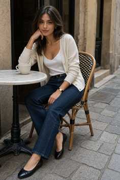 Woman with long hair sitting at an outdoor cafe table on a cobblestone street