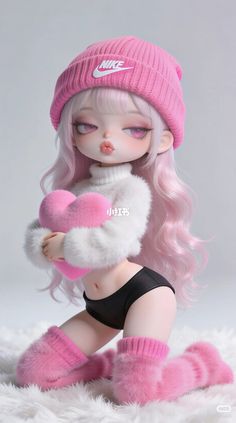 3D render of a doll-like character with pink hair and a pink beanie holding a heart