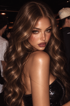 Woman with long wavy hair and a sparkly strapless top looking over her shoulder