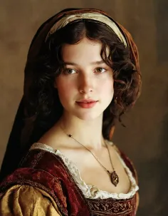 Woman in a renaissance-style velvet dress and head covering