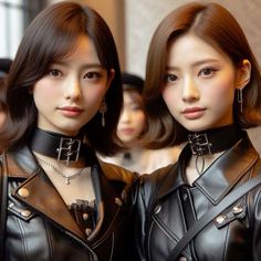 Two women in leather jackets and chokers looking at the camera