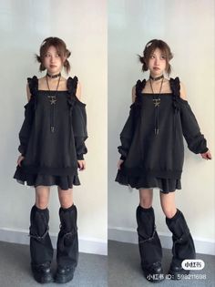 Woman in a black off-shoulder dress with pigtails and platform shoes