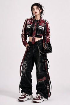 Woman in a cropped jacket and cargo pants with an exposed midriff