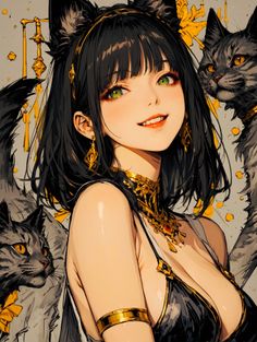 Anime style woman with cat ears and gold jewelry, surrounded by cats