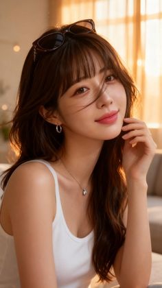 Woman with long brown hair and sunglasses on her head, wearing a white tank top
