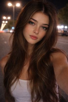 Woman with long brown hair in a white top at night with street lights in background