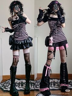 Person in gothic-style outfit with pink stripes and platform boots