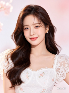 Woman with long brown hair wearing a white lace dress with floral embroidery