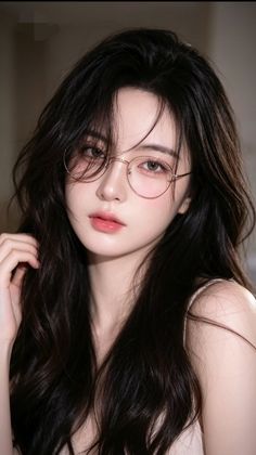 Woman with long black hair and glasses in a soft lighting portrait