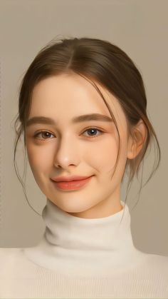 Woman with brown hair wearing a white turtleneck, smiling softly