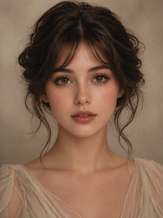 Woman with dark hair and soft makeup in a portrait with warm lighting