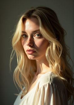 Blonde woman with long hair in soft, warm lighting
