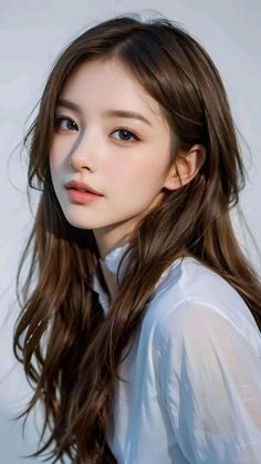 Woman with long brown hair wearing a white shirt, looking directly at the viewer