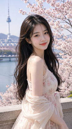 Woman in a floral dress with cherry blossoms and a city view in the background