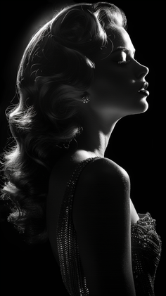 Woman in profile with dramatic lighting and curly hair, wearing a sparkling dress