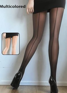 Woman wearing black seamed tights, high heels, and a mini skirt