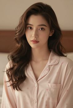 Woman with long wavy hair wearing pink pajamas indoors
