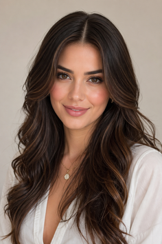 Woman with long brown hair wearing a white shirt and gold necklace