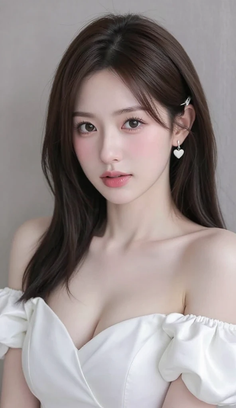 Woman with long brown hair wearing a white off-shoulder dress