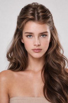 Woman with long wavy brown hair and blue eyes looking directly at the camera