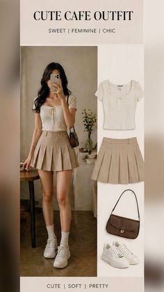 Woman in a short sleeve top and pleated skirt with a shoulder bag and sneakers