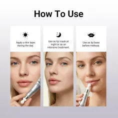 Three close-up portraits of a woman demonstrating a lip care product