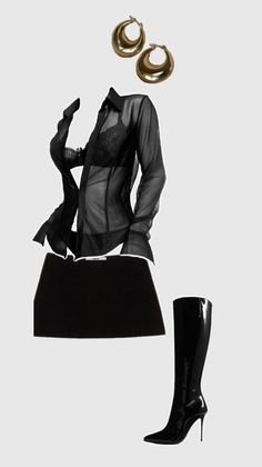 Fashion flat lay with a sheer black shirt, bra, mini skirt, and boots