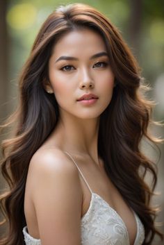 Woman with long wavy hair wearing a white embroidered dress outdoors