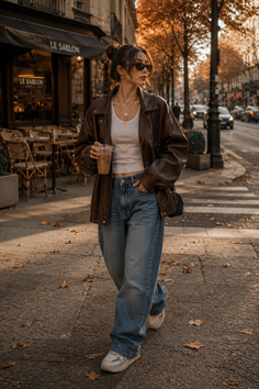 Woman in a brown leather jacket and baggy jeans walking on a street with autumn leaves