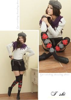 Woman in a beret, shorts, and argyle socks posing indoors