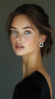 Woman with brown hair and freckles wearing a black top and earrings