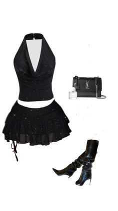Black halter top and mini skirt with matching boots and handbag