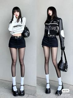 Woman in a black mini skirt and tights, posing in two different outfits