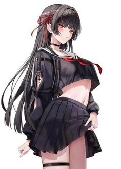 Anime girl with long black hair and red eyes in a school uniform