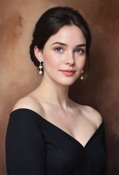 Woman with dark hair and blue eyes wearing an off-shoulder black dress and pearl earrings