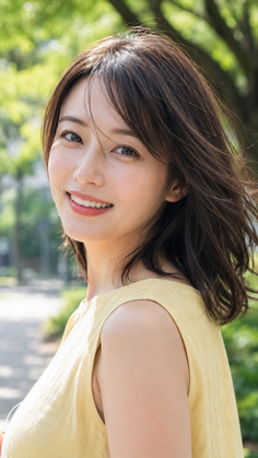 Woman with short brown hair smiling outdoors in a yellow top