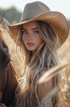 Woman in a cowboy hat with long blonde hair next to a horse at golden hour