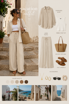 Woman in a linen vacation outfit with a woven tote bag and flat sandals