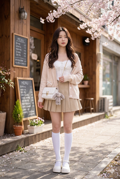 Woman in a pleated skirt and cardigan standing outdoors with cherry blossoms