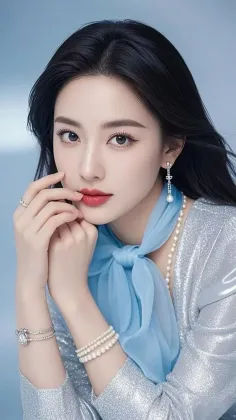 Woman with long black hair wearing a blue scarf and pearl jewelry
