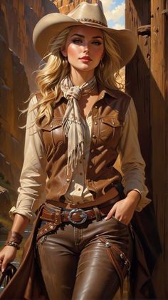 Blonde woman in a cowgirl hat and western attire in a canyon setting