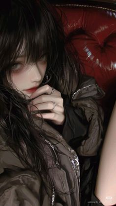 Illustration of a person with long dark hair and red lips, wearing rings