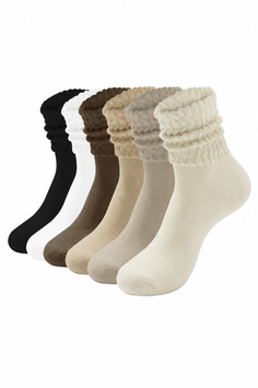 Six slouch socks in various neutral colors on a white background