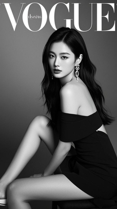 Woman in a black off-shoulder dress with long hair and jewelry in a black and white portrait