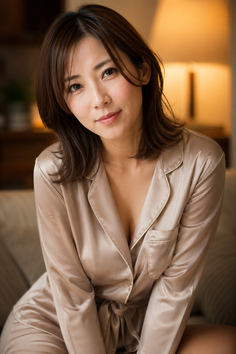 Woman in silk pajamas with cleavage visible, sitting indoors with soft lighting